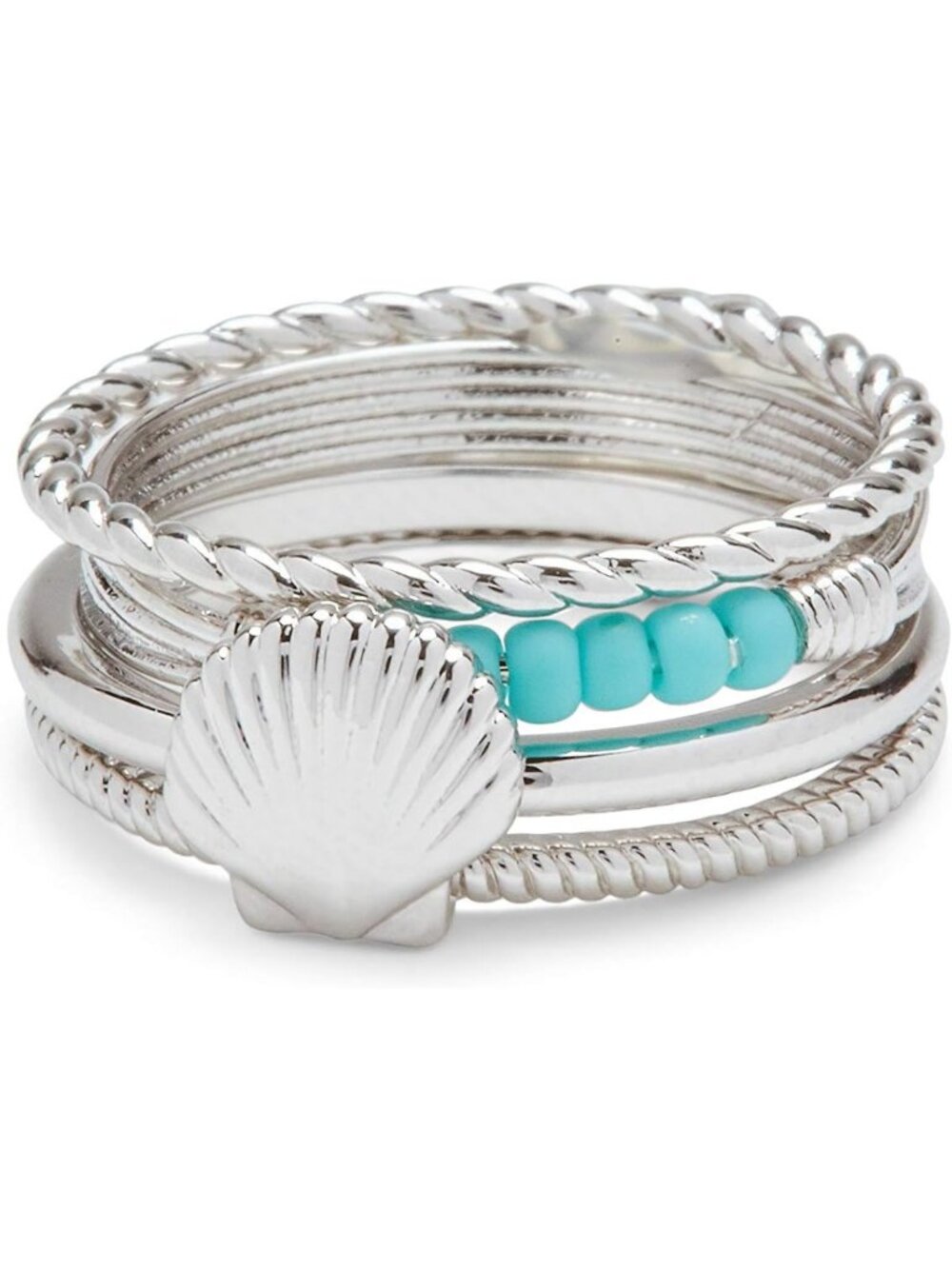 Boho Shell Ring Stack - Brass Base, Rhodium Finish, Size 9 - Trendy Beach